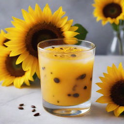 An eye-catching fragile glass filled with a vibrant sunflower-inspired drink, garnished with sunflower seeds.