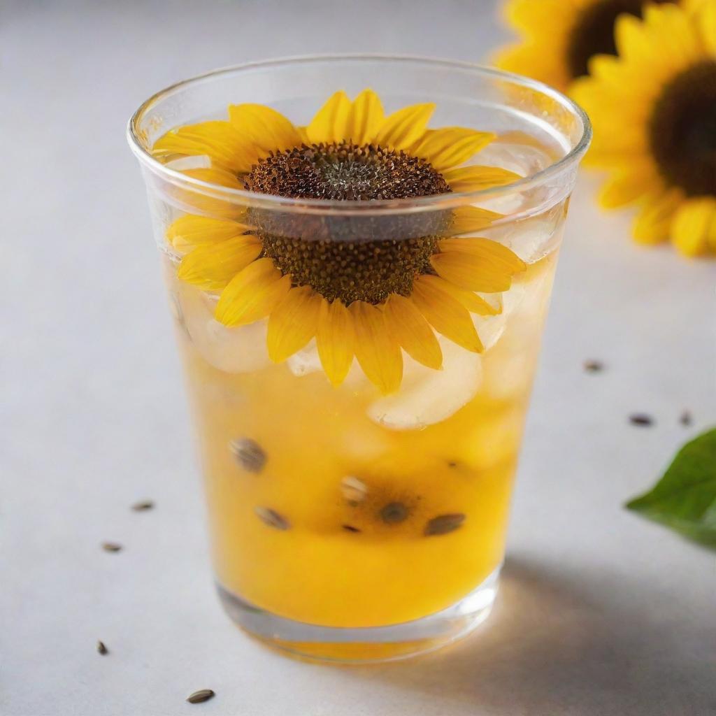 A refreshing sunflower-inspired drink served in a clear plastic cup, garnished with sunflower seeds floating at the top.