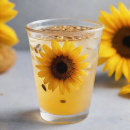 A refreshing sunflower-inspired drink served in a clear plastic cup, garnished with sunflower seeds floating at the top.