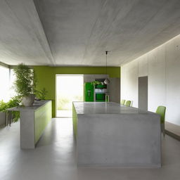 A architecturally designed concrete kitchen with green accents. Architectural photography.