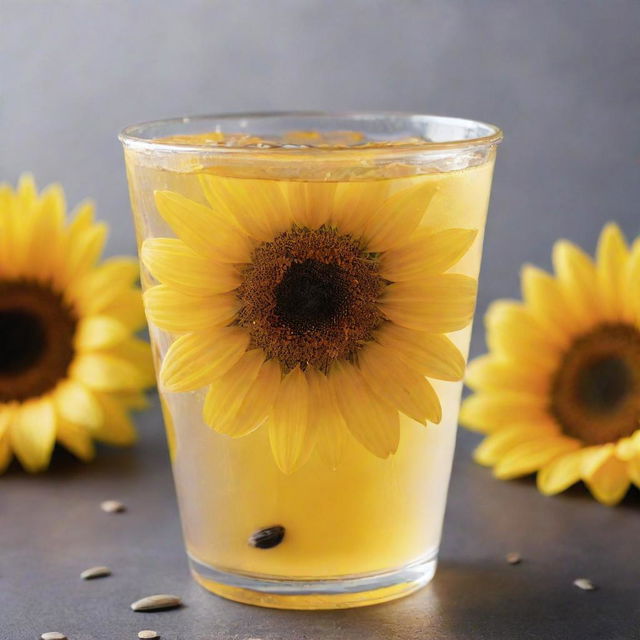 A refreshing sunflower-inspired drink served in a clear plastic cup, garnished with sunflower seeds floating at the top.