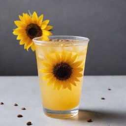 A refreshing sunflower-inspired drink served in a clear plastic cup, garnished with sunflower seeds floating at the top.