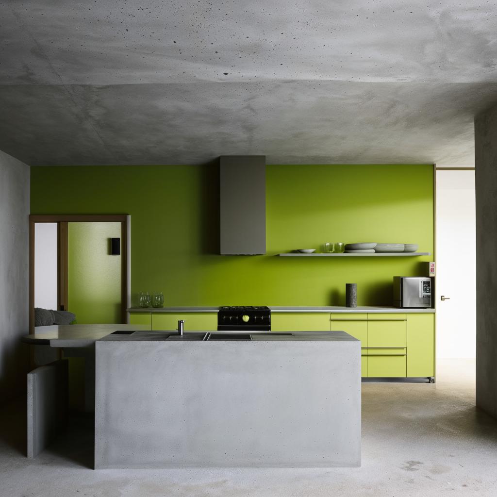 A architecturally designed concrete kitchen with green accents. Architectural photography.