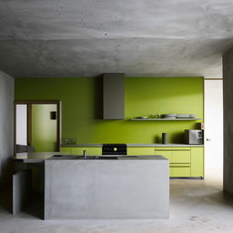 A architecturally designed concrete kitchen with green accents. Architectural photography.