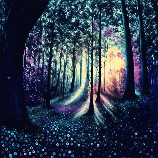 A vintage illustration of a vibrant, trippy forest filled with wildflowers and dappled sunlight.