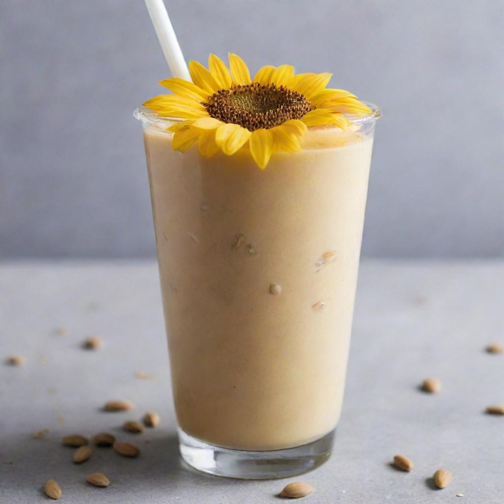 A creamy sunflower smoothie with a rich texture, served in a transparent plastic cup, topped with a few sunflower seeds.