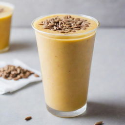 A creamy sunflower smoothie with a rich texture, served in a transparent plastic cup, topped with a few sunflower seeds.