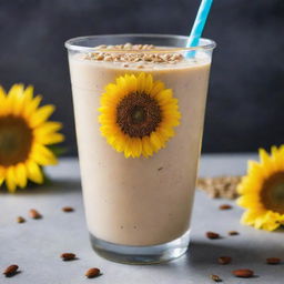 A creamy sunflower smoothie with a rich texture, served in a transparent plastic cup, topped with a few sunflower seeds.