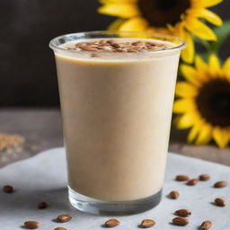 A creamy sunflower smoothie with a rich texture, served in a transparent plastic cup, topped with a few sunflower seeds.