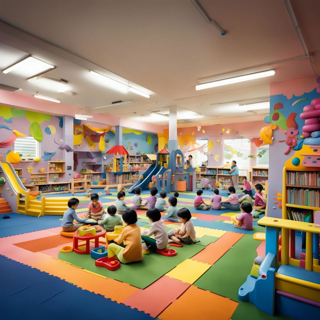 A lively childcare centre with children playing outdoors and indoors, staff interacting with them, and an environment filled with colorful play equipment and educational materials.