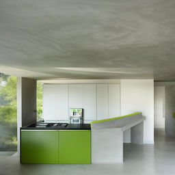 A architecturally designed concrete kitchen with green accents. Architectural photography.