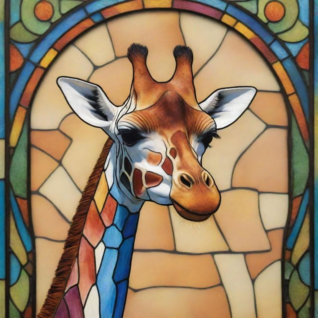 A giraffe pattern depicted in vibrant stained glass style on a contrasting background