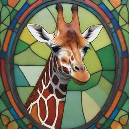 A giraffe pattern depicted in vibrant stained glass style on a contrasting background