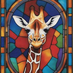 A giraffe pattern depicted in vibrant stained glass style on a contrasting background