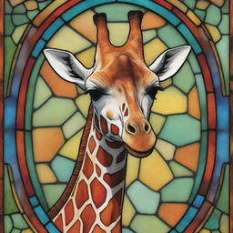 A giraffe pattern depicted in vibrant stained glass style on a contrasting background