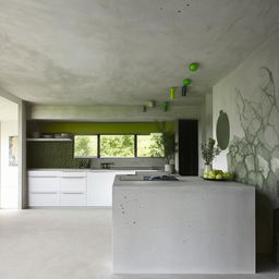 A architecturally designed concrete kitchen with green accents. Architectural photography.