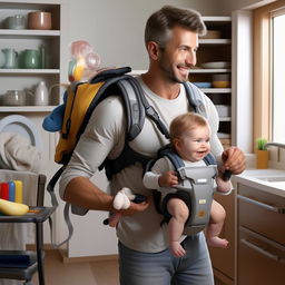 The idealized man exponentially increasing his productivity, doing multiple household chores simultaneously, while carrying a normal, happy baby in a front pack