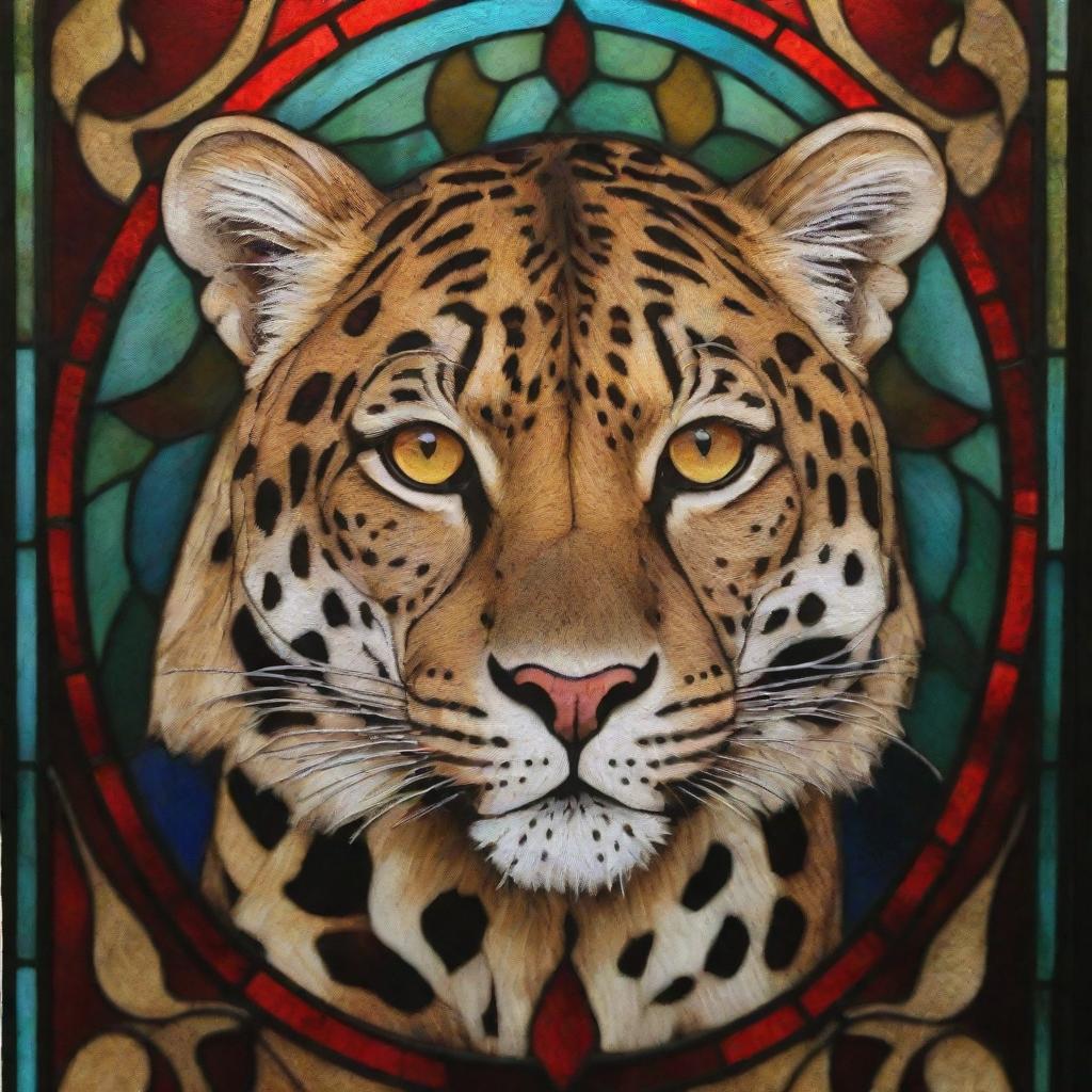 A stunning piece of stained glass with a richly colored, intricate leopard pattern.
