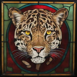 A stunning piece of stained glass with a richly colored, intricate leopard pattern.