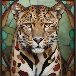 A stunning piece of stained glass with a richly colored, intricate leopard pattern.