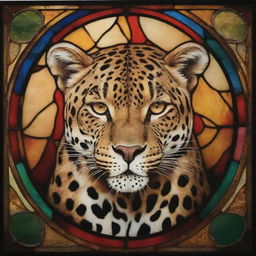 A stunning piece of stained glass with a richly colored, intricate leopard pattern.