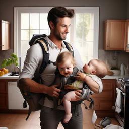 The idealized man exponentially increasing his productivity, doing multiple household chores simultaneously, while carrying a normal, happy baby in a front pack