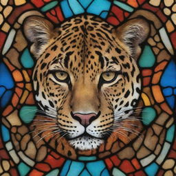 Leopard skin pattern depicted in the style of a colorful, intricate stained glass window.