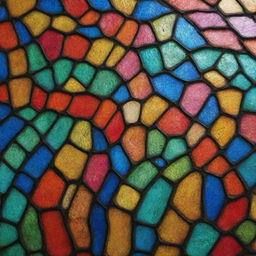 A detailed view of a crocodile skin pattern, imbued with the multi-colored, luminous quality of stained-glass