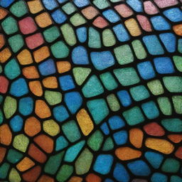 A detailed view of a crocodile skin pattern, imbued with the multi-colored, luminous quality of stained-glass