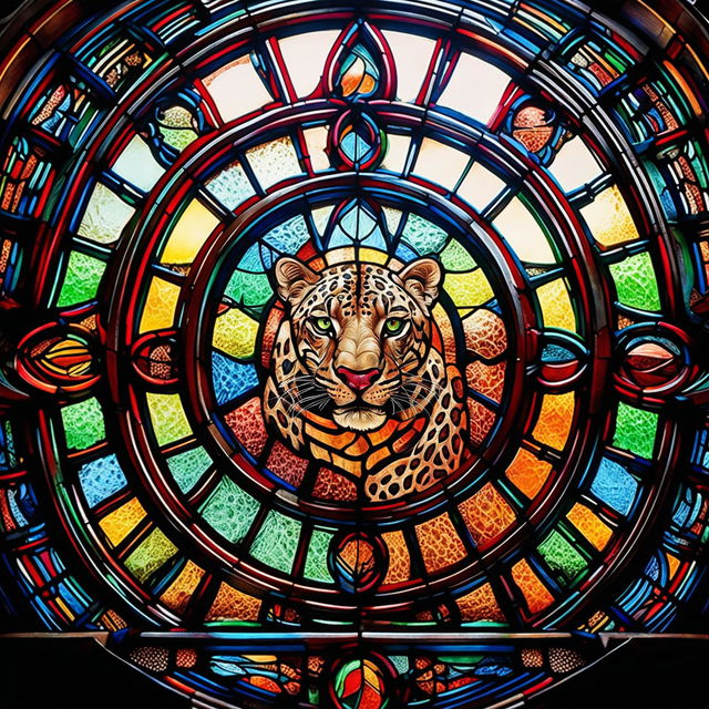 A large stained glass window featuring a detailed leopard pattern with spots in shades of amber, gold, and deep brown against a lighter background.