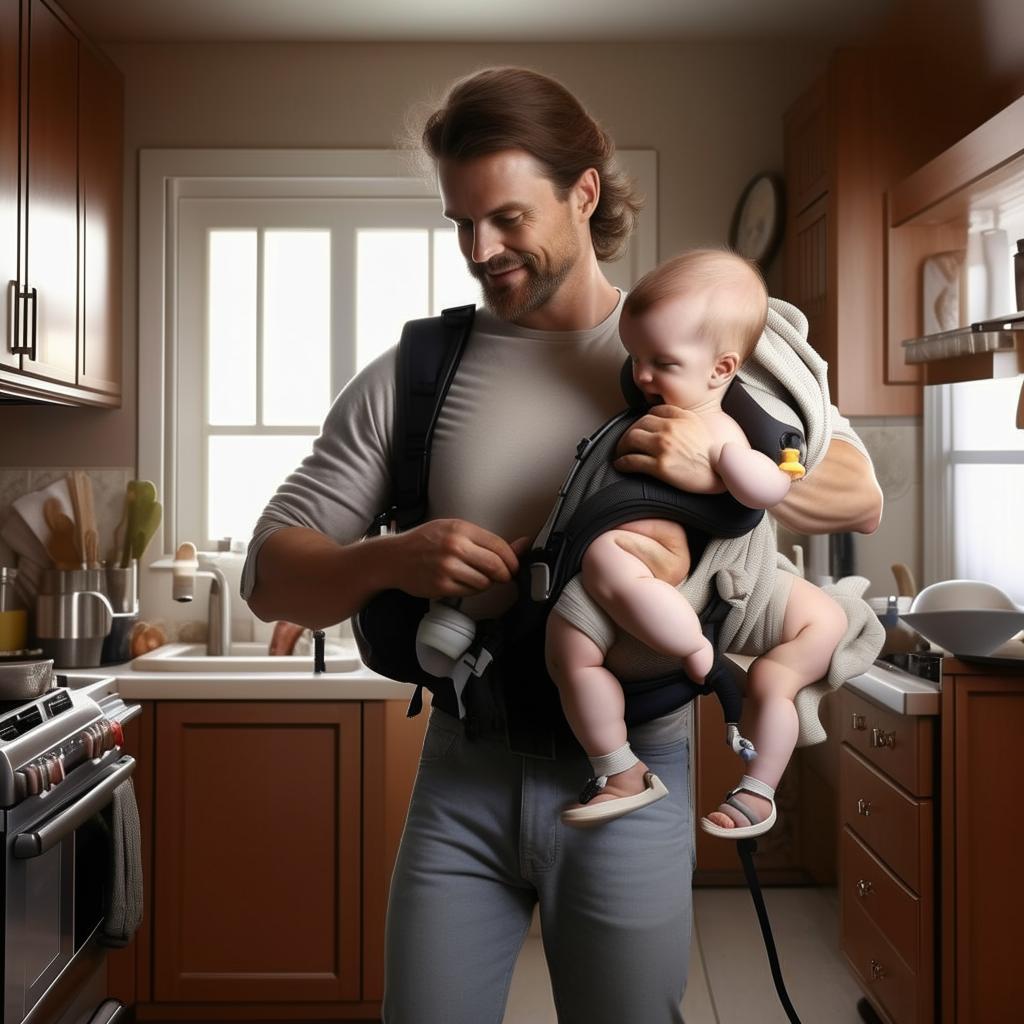 The idealized man exponentially increasing his productivity, doing multiple household chores simultaneously, while carrying a normal, happy baby in a front pack