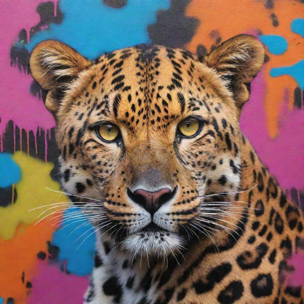 A vibrant graffiti art textured with a leopard skin pattern