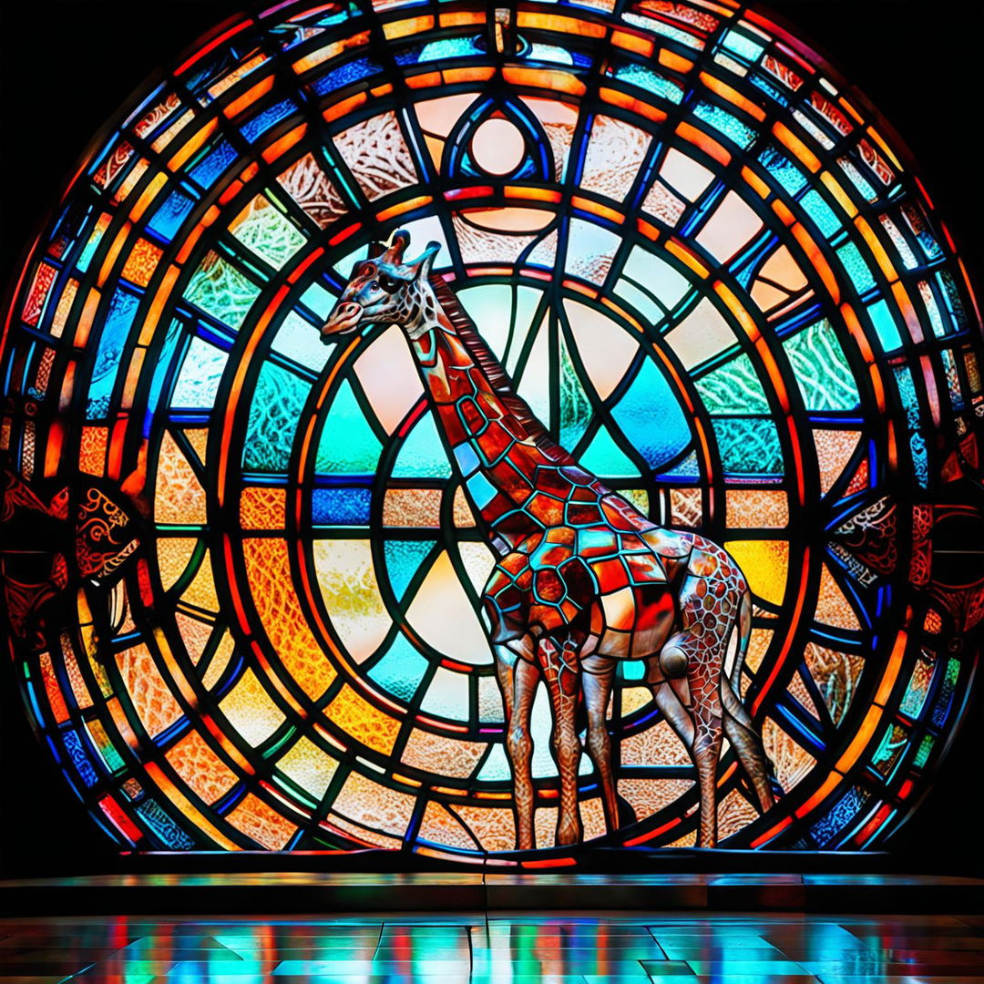 A large stained glass window featuring a detailed giraffe pattern with patches in shades of orange, brown, and cream against a sky-blue background.