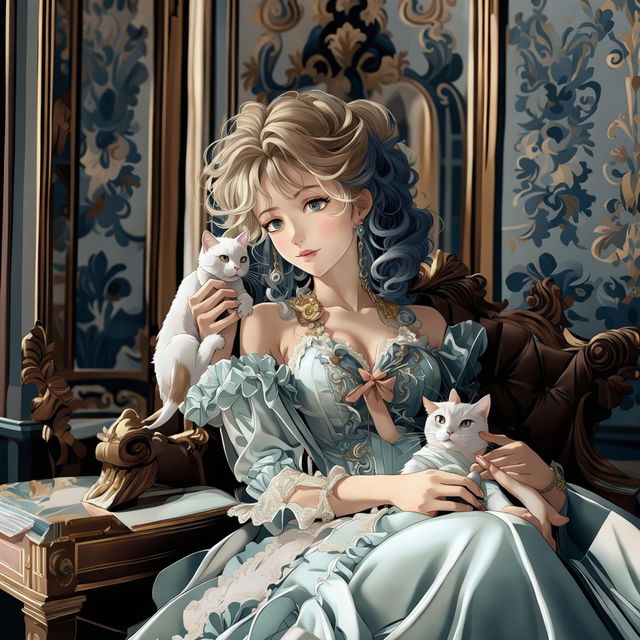 Anime girl in Rococo attire with her cat in a pastel-hued, gold-leaf adorned apartment.