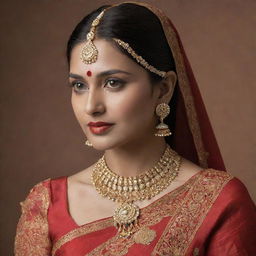 An elegant Indian lady clad in a rich red saree, adorned with traditional Indian jewelry.