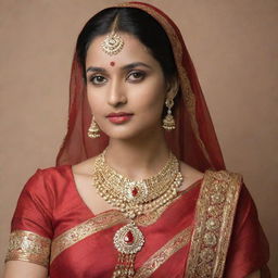 An elegant Indian lady clad in a rich red saree, adorned with traditional Indian jewelry.