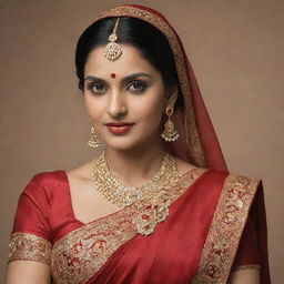 An elegant Indian lady clad in a rich red saree, adorned with traditional Indian jewelry.