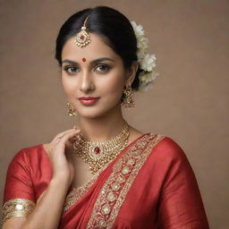 An elegant Indian lady clad in a rich red saree, adorned with traditional Indian jewelry.