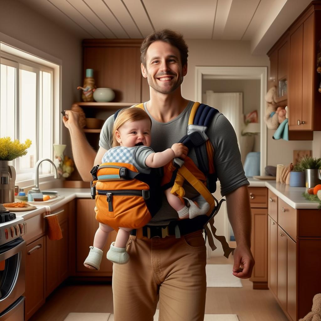 The idealized man exponentially increasing his productivity, doing multiple household chores simultaneously, while carrying a normal, happy baby in a front pack