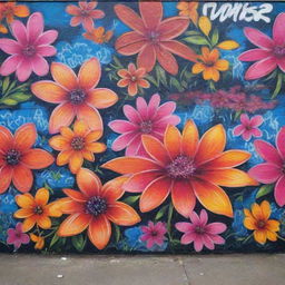 A vibrant wall of graffiti adorned with vivid, sprawling floral designs.