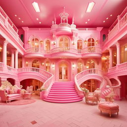 Mega-mansion inspired by Barbie theme full of pink elements, grand entrance, luxurious furniture, and extravagant amenities