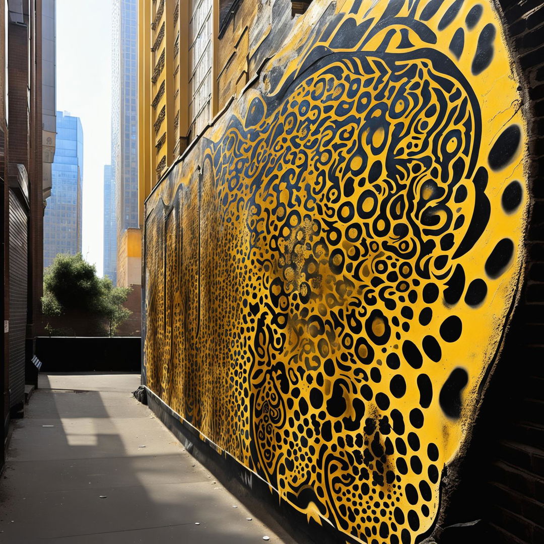 Large-scale graffiti of a realistic leopard skin pattern on a weathered brick wall in an urban setting.