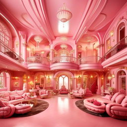 Mega-mansion inspired by Barbie theme full of pink elements, grand entrance, luxurious furniture, and extravagant amenities