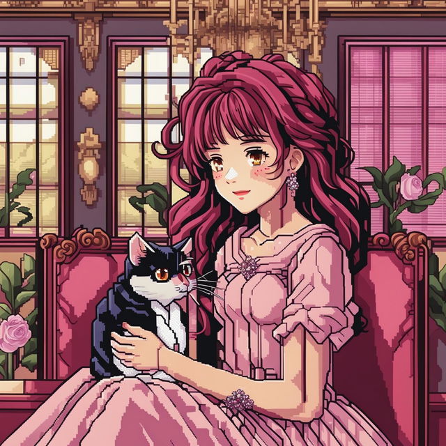 Pixel art anime-style image of a brunette girl in a pink dress holding a black and white tuxedo cat in a Rococo-style loft with pink aesthetic.