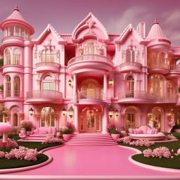 Mega-mansion inspired by Barbie theme full of pink elements, grand entrance, luxurious furniture, and extravagant amenities