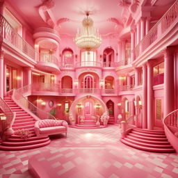 Mega-mansion inspired by Barbie theme full of pink elements, grand entrance, luxurious furniture, and extravagant amenities