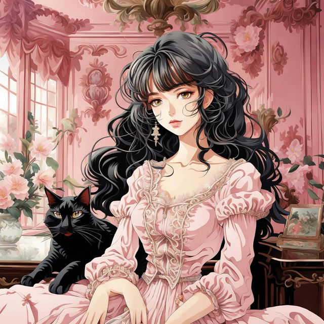 Anime art of a modern brunette girl in Rococo-inspired attire with a black and white cat in an ornate pink-hued room.