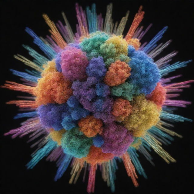 Unique and intricate atomic particles displaying vibrant colors and interesting shapes under a microscopic perspective.