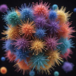 Unique and intricate atomic particles displaying vibrant colors and interesting shapes under a microscopic perspective.