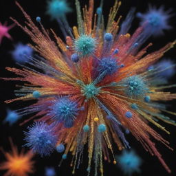 Unique and intricate atomic particles displaying vibrant colors and interesting shapes under a microscopic perspective.